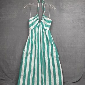 Xirena Maggie Halter Maxi Dress Teal White Striped Cotton Smocked Back Size M